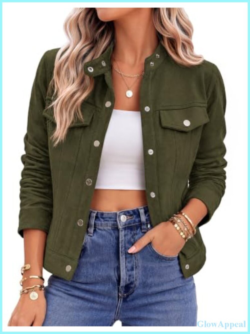 Faux Suede Cropped Jacket Snap Button Pockets Casual Fall Women's